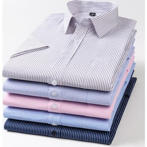 2021Mens Classic Short Sleeve Striped Printed Dress Shirts Single Patch Pocket 65% Cotton Casual Standard-fit Office Shirt