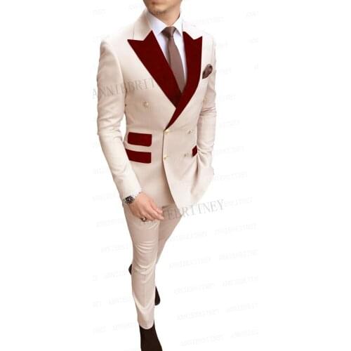 Classic Beige Mens Suits Tailored Double Breasted Slim fit Groom Wedding Suits Burgundy Velvet Lapel Tuxedo Dress Blazer Pants