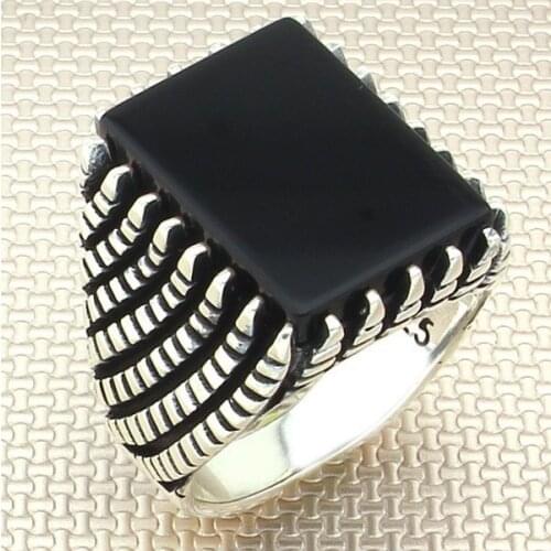 Classic Square Black Onyx Stone Men Silver Ring Made in Turkey Solid 925 Sterling Silver