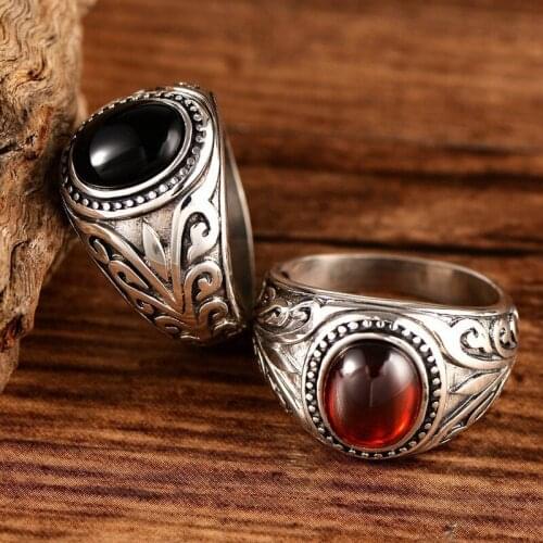 Real 925 sterling silver rings with oval red/black stone Thai silver punk rock jewelry big size for Men or women