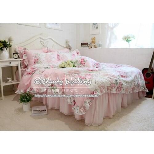 Luxury romantic princess bedding set ruffle duvet cover elegant bed sheet set pink FULL size 1.5M bed