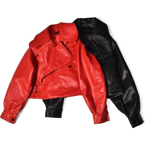 Spring Autumn Women Leather Clothes Black Red PU Leather Jacket Irregular Coat High Waist Locomotive Clothing Outwear 2021