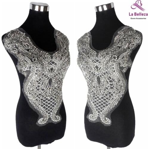 La Belleza Silver beaded beautiful large piece handmade pearls crystal Rhinestone patch wedding dress applique accessories