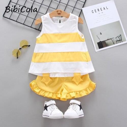 Baby girl summer new two-piece girl suit new fashion sleeveless striped printed blouse + shorts two-piece suit