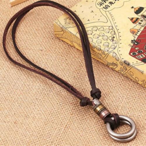 Fashion Mens Retro Cord Circle Pendant Necklace Double Leather Jewelry Vintage Gift