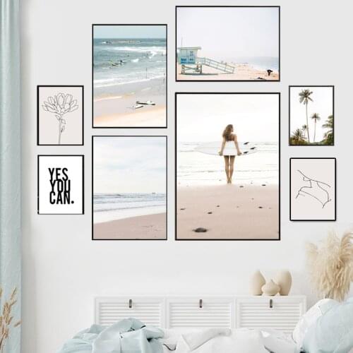 Sea Beach Surfboard Palm Tree Line Flower Wall Art Canvas Painting Nordic Posters And Prints Wall Pictures For Living Room Decor