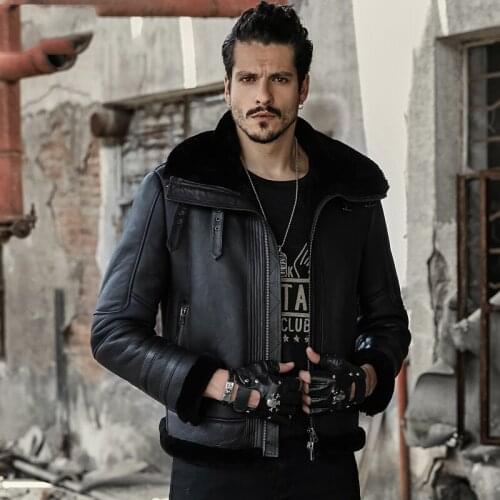 B3 Flight Jacket Short Fur Leather Jacket Mens Sheepskin Shearling Coat Man Sheepskin Aviator Fur Coat Locomotive Style