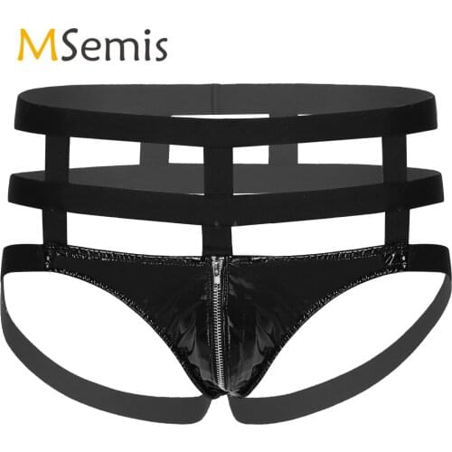 Mens Lingerie Sexy Panties ulge Pouch Backless Briefs Patent Leather G-String Thong Underwear Zipper Open Front Sexy Underpants