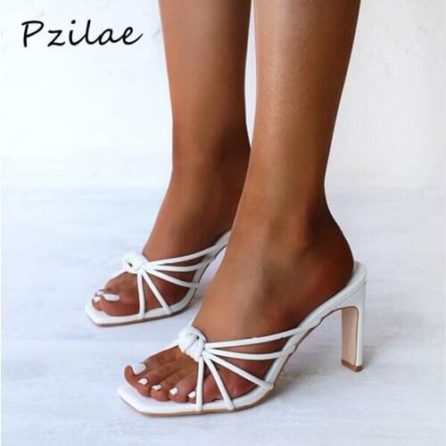 Pzilae Summer New Fashion Narrow Band White Women Mules Sexy High Heels Womens Slippers Sandals Square Open Toed Ladies Shoes