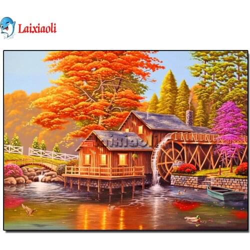 Diamond Painting Wooden House Waterwheel 5D DIY Full Round Drill Mosaic Kit Rhinestone Drawing Picture Home Decoration Art Craft