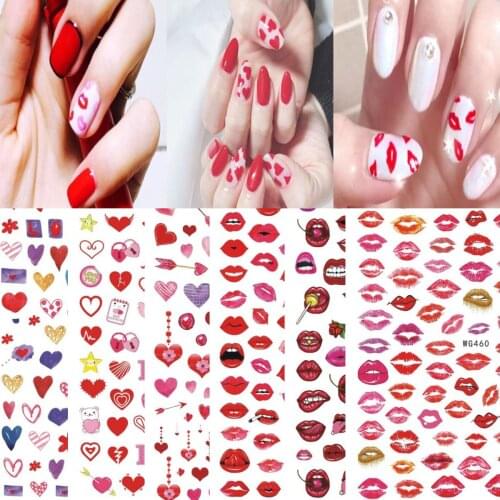 Nail Sticker Valentines Day Love red lips Water Decals Sweet Heart Nails Slider Art design Decoration Manicure Foil Adhesive