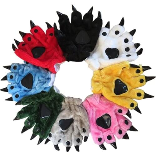 Kigurumis Animal Gloves Paw Cattoon Dinosaur Cat Finger Claw Plush Gloves Windproof Warm Funny Fluffy Halloween Party Performanc