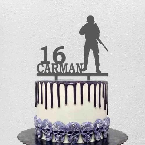 Personalized Birthday Cake Topper Custom Name Age Man Holding Gun Cake Topper For Army Fans Birthday Cake Decoration YC165
