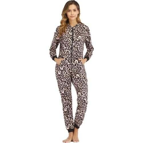 Winter Casual Leopard Hooded One-piece Women Pajamas Autumn Zipper Long Sleeve Long Pants Loose Tracksuit