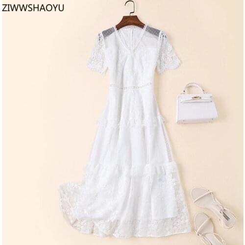 ZIWWSHAOYU Fashion Women Summer Elegant Midi Dress Solid V-Neck Short Sleeve High Waist Slim Lace Floral Cascading Frills Dress