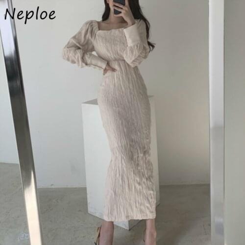Neploe Fresh Pleated High Waist Dresses Women Autumn Chic French Style Elegant Long Dress Sexy Square Collar Femme Vestidos