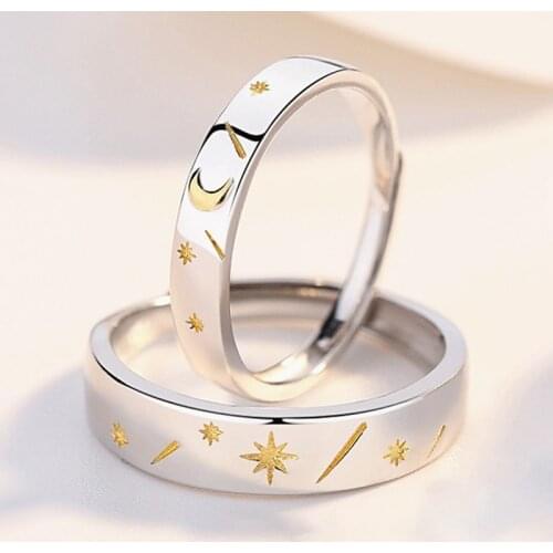 Sun Moon Star Silver Color Valentines Day Gift Female Resizable Opening Romantic Couple Rings