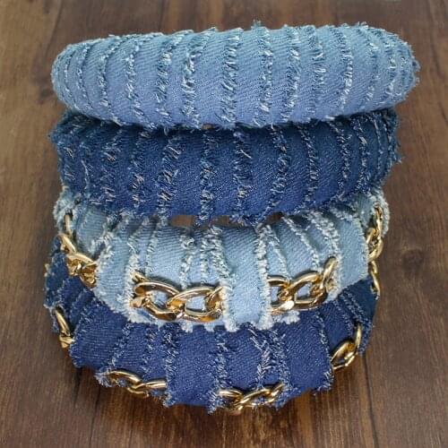2020 New Denim Fabric Padded Solid Blue Hairband Ornament Oval Chain Sponge Women Girls Party Headband Fashion Hair Accessories