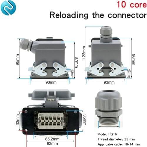 Rectangular plug heavy-duty connector he-10-5 10-core side ejecting base with cover high base with cover aviation plug 16A