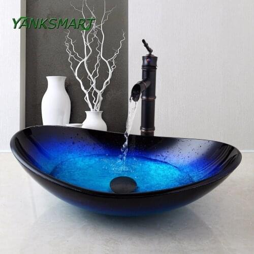 YANKSMART Bathroom Round Blue Tempered Glass Oval Wash Basin W/ORB brushed Faucet Sink Combo Set + Black Pop Up Sink Drain