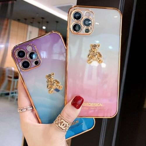 Luxury 3D Metal bear Transparent gradient Plating Soft Silicone Case For iPhone 11 12 Pro Max Mini X XR XS Max 7 8 Plus SE cover