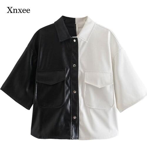 Pu Leather Women Coat Patchwork High Street Shirt Vintage Blouse Female Short Sleeve Pocket Patch Shirts Chic Tops Crop Jacket