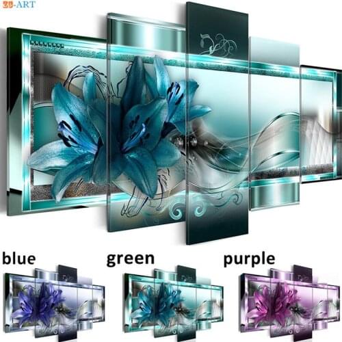 Modern Minimalist Art Print Poster Canvas Art 5 Panel Lilies Blossom Canvas Painting Wall Pictures for Living Room Wall Decor