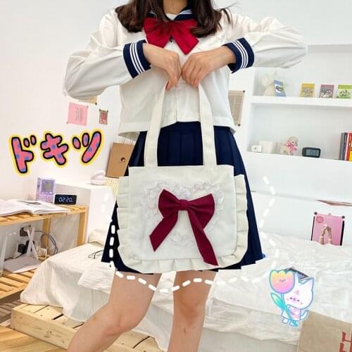Japanese Girl Shoulder Bag Cute Bow Canvas Shoulder Bag 2020 New Arrive Fashion Fungus Handbag Large Capacity Shopping Bag