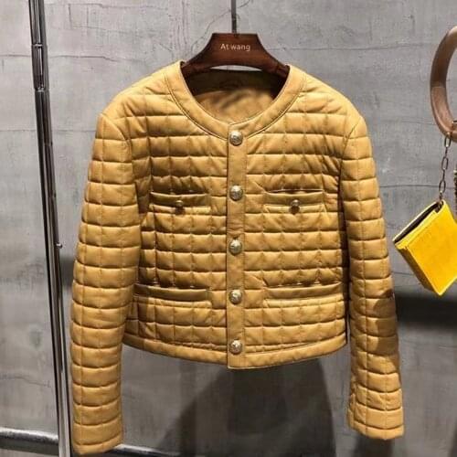 2021 Arrival New Women Short Coat Spring Real Sheepskin Grid Model O-Neck Clothes Autumn Female Genuine Leather Jacket