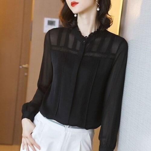 Chiffon Women Shirts Summer New 2021 Black Ruffles Neck Long-Sleeved Office Lady Elegant Blouse Outwear Top Quality Oversize 4XL
