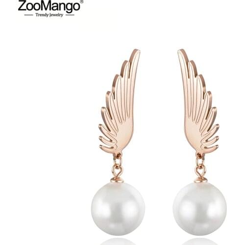 ZooMango Vintage Titanium Steel Angel Wings Earrings Jewelry Trendy Rose Gold Simulated Pearl Stud Earrings For Women ZE18035