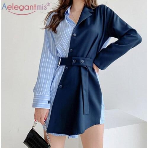 Aelegantmis Design OL V neck Single Breasted Shirt Dress Women Irregular Patchwork Sashes Mini Dress Sexy Korean Vestidos Female