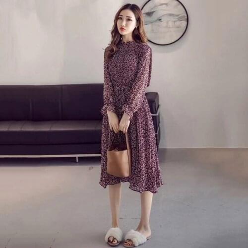 Women Long Sleeve Sweet Floral Print Empire Mid Pleated Chiffon Dress Female Spring Autumn Flare Sleeve Stand Collar Vestidos