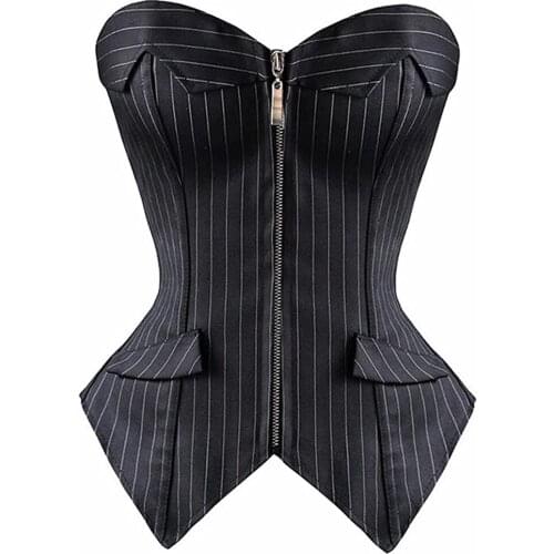 2 pcs Sexy Office Lady Style Striped Corsets with Skirt for Women Costume Lingerie Bustier Top Satin Lace up Trim Plus Size