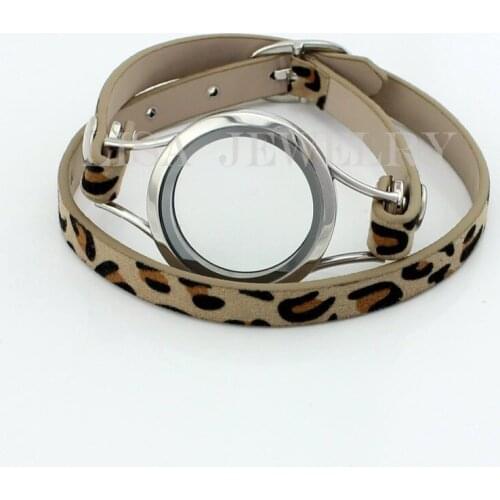 8pcs/lot leopard print PU leather floating charm memory living 30mm glass locket bracelet