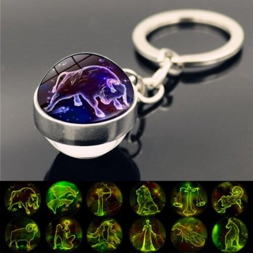 Leo Libra Taurus Scorpio 12 Constellation Luminous Keychain Glass Ball Pendant Aries Car Keychain Rings Men Women Birthday Gifts