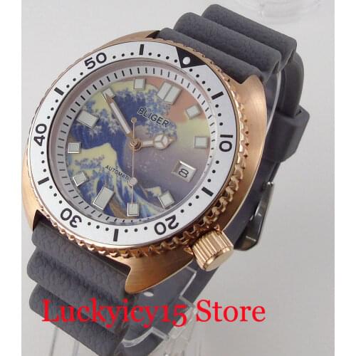 BLIGER Rose Gold NH35A Selfwinding Men Watch White Chapter Ring Unidirectional Bezel Ring Date Window Flat Sapphire Glass