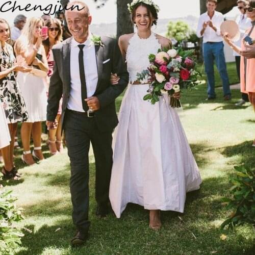 Chengjun Traditional Long Train Sleeveless Halter Lace Top Elegant Two Piece Wedding Gowns