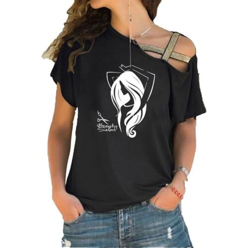 Personality Woman Hairdressing Print Summer Short Sleeve T-Shirt Women Clothing Funny Femme Casual Irregular Skew Cross Tops