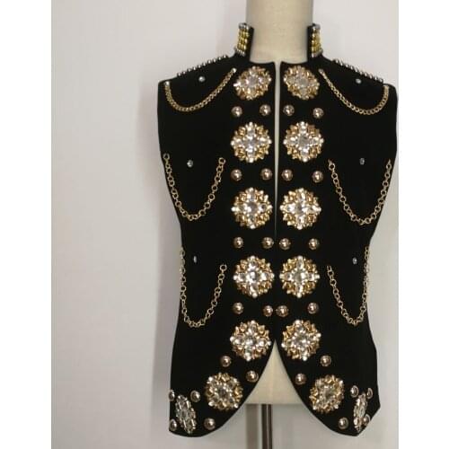 Customized Mens Beads Crystals Rhinestones Black Vest Male Singer Stage Bar Dancer Hip Hop Performance Waistcoat