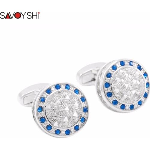 SAVOYSHI Brand Jewelry Classic Retro Hollow pattern Cufflinks for Mens Shirt Cuff buttons Blue Crystal Design Cuff links