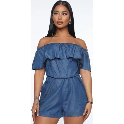 Strapless Off Shoulder Ruffles Playsuit Jumpsuit Rompers 2020 Sexy Sleeveless Women Denim Look Summer High Waist Jumpsuit Shorts