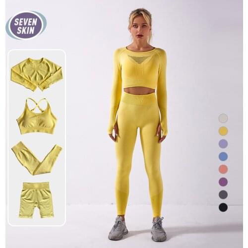 SEVEN SKIN Seamless Women Yoga Set Female Sportswear Suits Running Cloth Gym Fitness Set Long Sleeve Crop Top Sport Bra Leggings