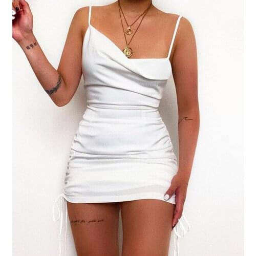 Summer Women’s Sexy Suspender Short Dress Fashion Solid Color Asymmetric Drawstring High Waist Tight Dress