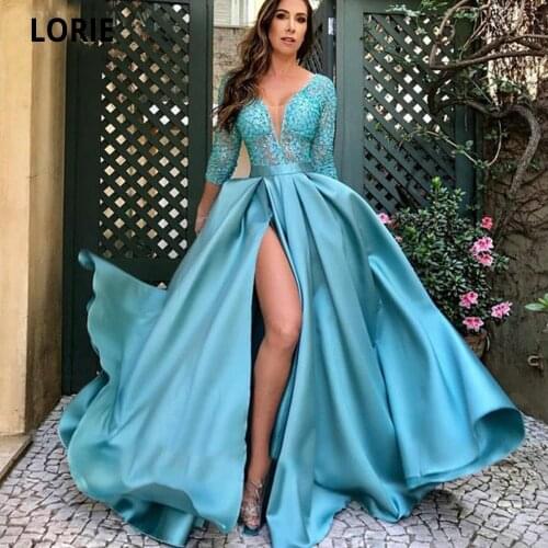 LORIE Blue Satin Evening Dresses Long Formal Prom Party Gowns Lace Deep V-neck Half Sleeve Special Occasion Gown with High Split