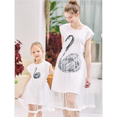 Mother Daughter Dresses Girl Clothing Summer Family Matching Short Sleeve Swan Print Lace Print Dress Women Girls Clothes Dress