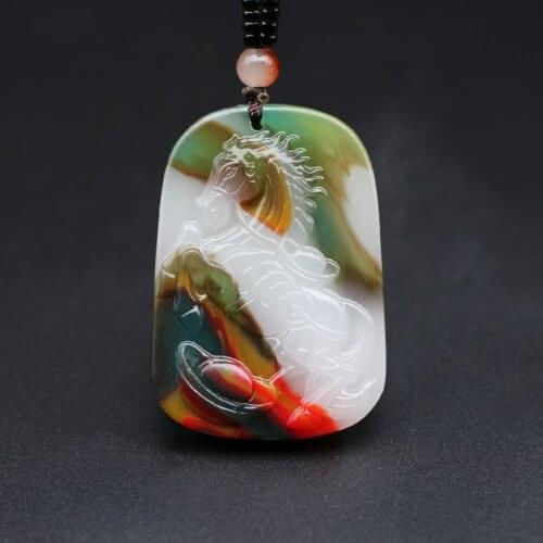 Natural Color Jade Horse Pendant Necklace Chinese Hand-Carved Charm Jadeite Jewelry Fashion Amulet for Men Women Lucky Gifts
