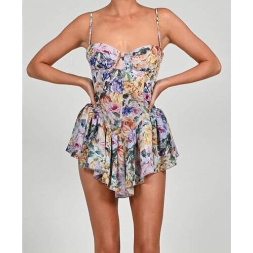 New Women Summer Sexy Sleeveless Floral Print Pleated Mini Dress 2021 Designer Fashion Evening Party Club Dress Vestido