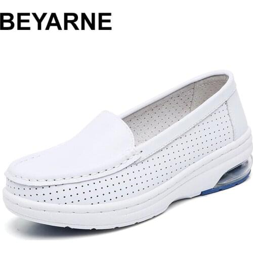 BEYARNE Autumn Air Cushion Women Flats Platform Loafers Ladies Work Genuine Leather Comfort Soft Moccasins Nursing Slip onCasual