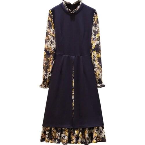 Fake Two Women Dress Plus Size Ladies Dresses Vestidos De Mujer Elegant Robe Longue Femme Flower Print Black Korean Dress